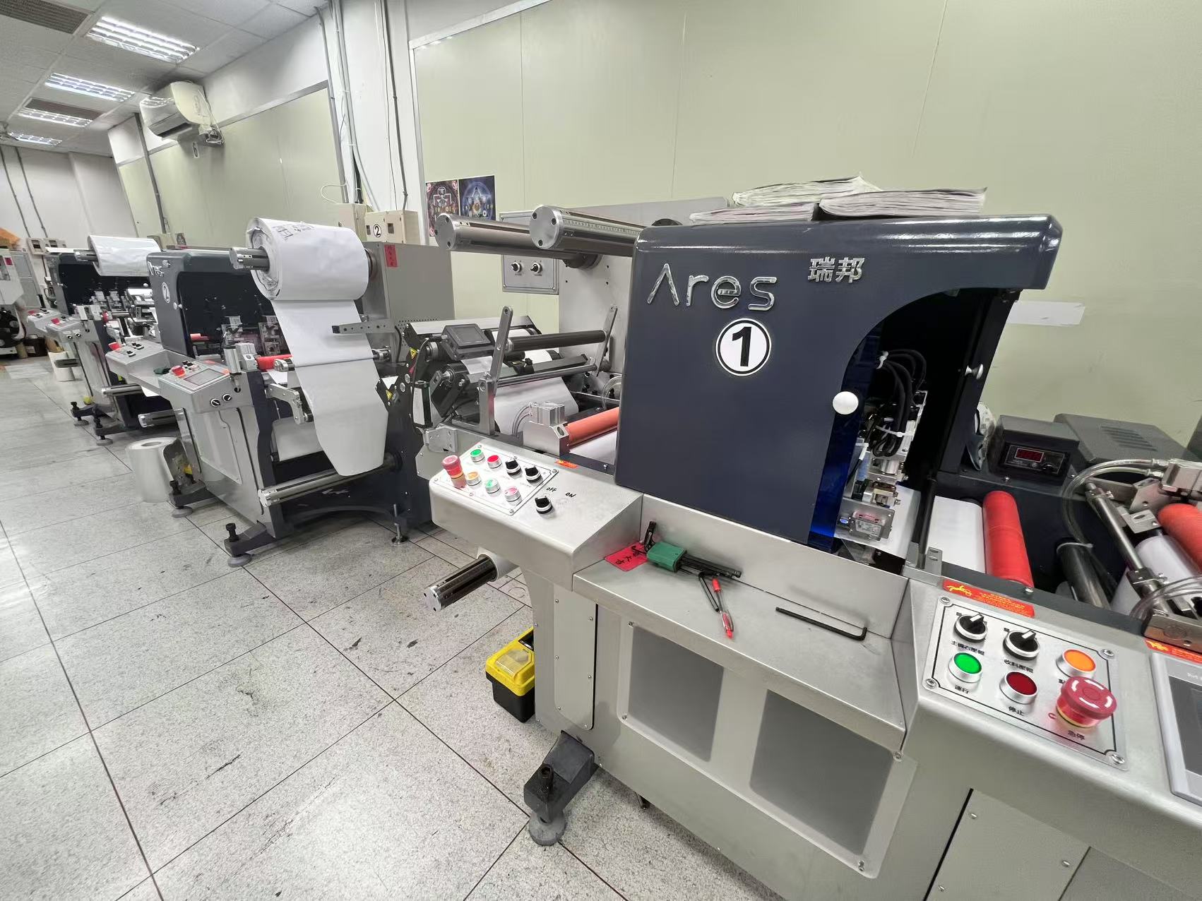 Wide view of label printing factory floor